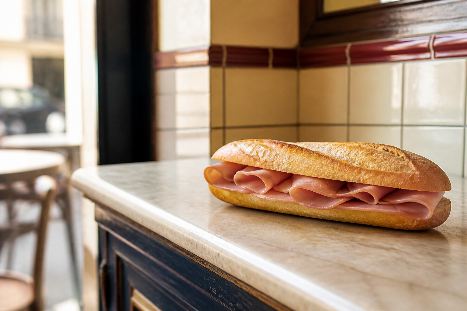 Un jambon-beurre sur le comptoir d’un café